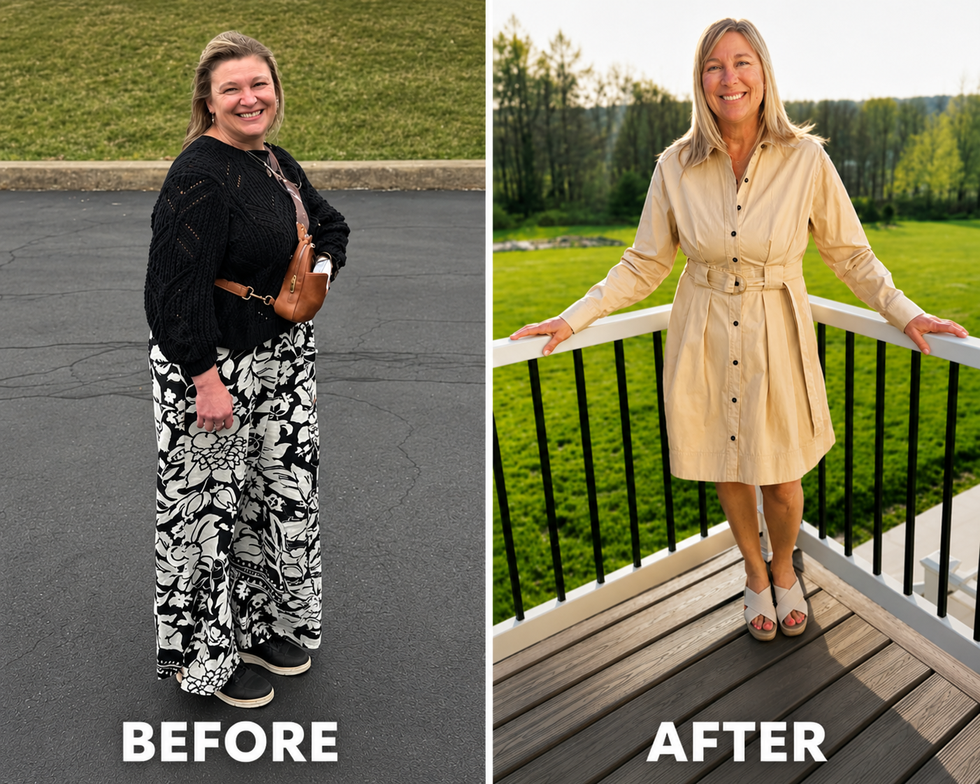 Before and after patient transformation achieved with the APEX Protocol™ at Optimal Body & Health in Mount Vernon and Mansfield, Ohio — metabolic and hormonal restoration results showing real clinical weight loss and wellness progress
